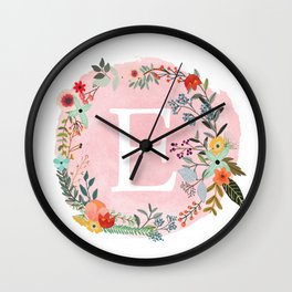 Flower Wreath with Personalized Monogram Initial Letter E on Pink Watercolor Paper Texture Artwork Wall Clock