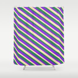 [ Thumbnail: Sea Green, Purple & Beige Colored Striped/Lined Pattern Shower Curtain ]