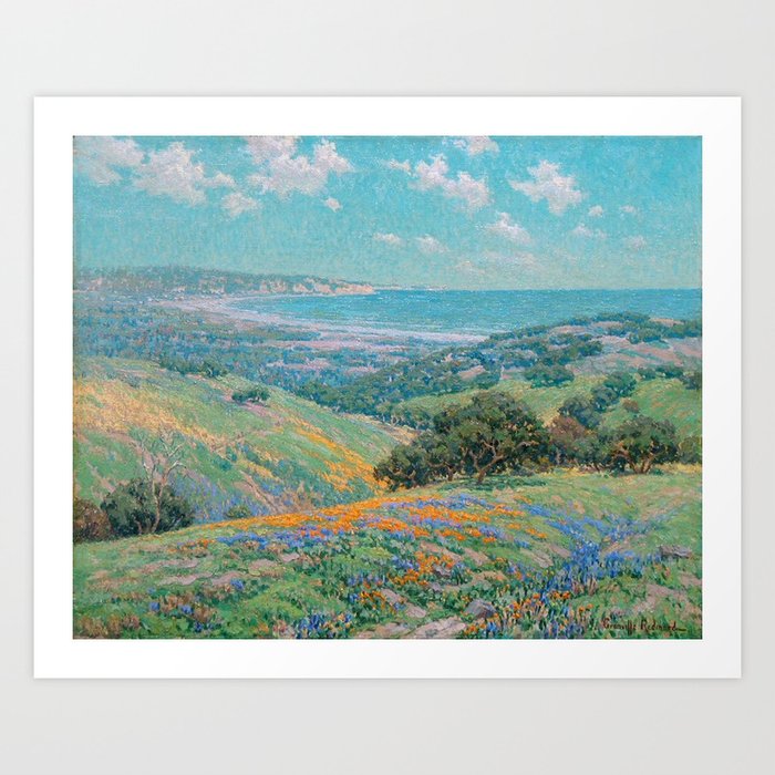 Malibu Coast, California with wild poppies floral seascape painting by Granville Redmond Art Print