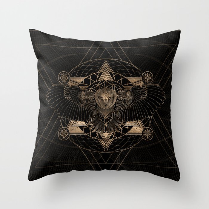 Owl in Sacred Geometry Composition - Black and Gold Throw Pillow