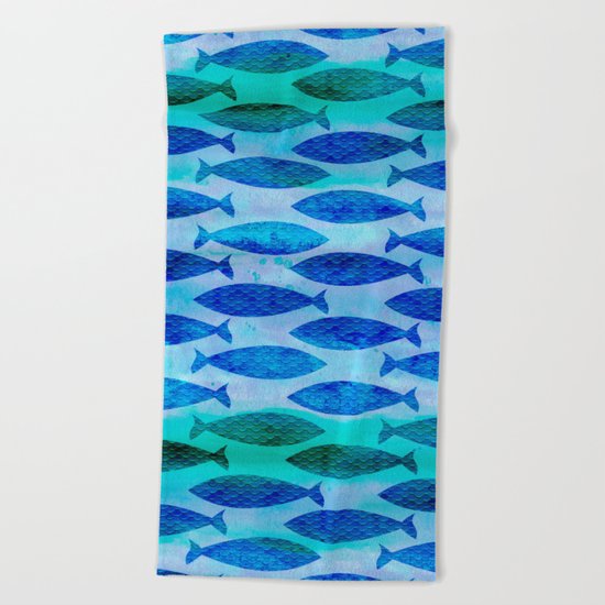 Blue Turquoise GreenWatercolor Fish Pattern Beach Towel