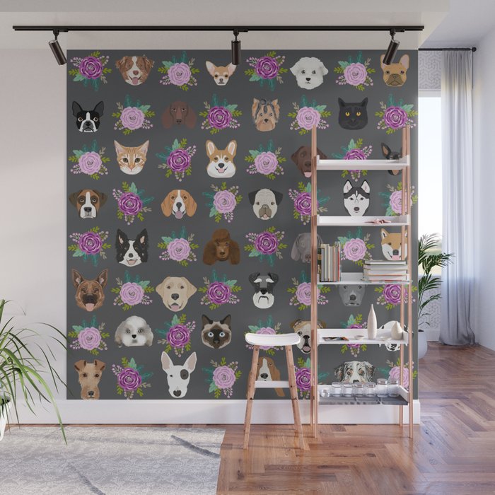 Dogs and cat breeds pet pattern cute faces corgi boston terrier husky airedale Wall Mural