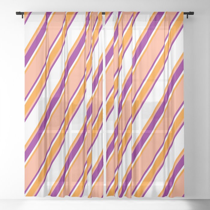 Light Salmon, Purple, White, and Dark Orange Colored Stripes Pattern Sheer Curtain