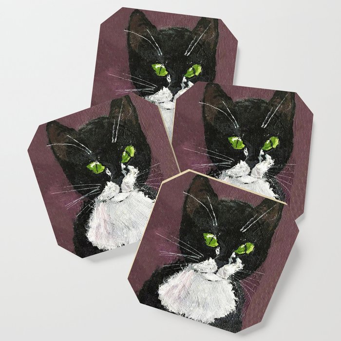 Cat Drawing Cute Black And White Cat With Green Eyes Coaster By