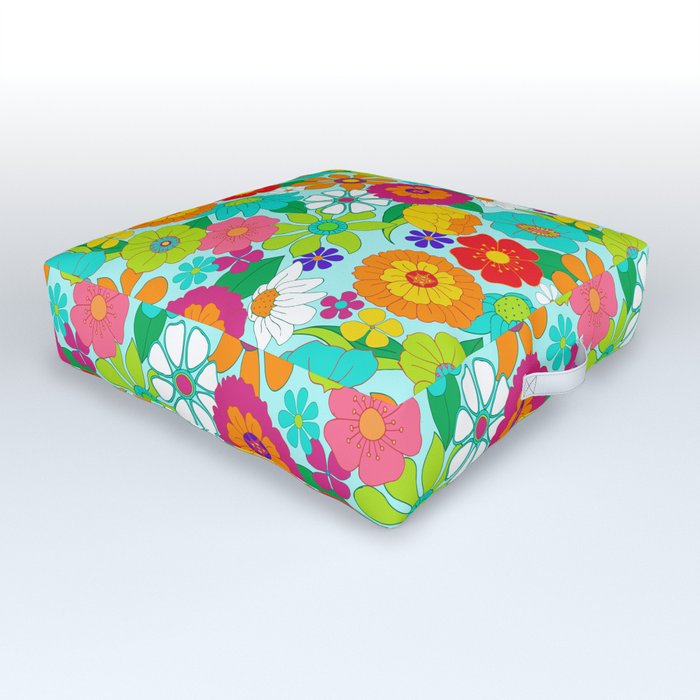 Retro Groovy Hippie Flowers Pattern Outdoor Floor Cushion