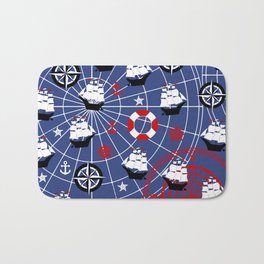 Sailing Boat Pattern - nautical print with anchors and boats on blue background Bath Mat | Boatprint, Sailinglovergift, Boatpattern, Nauticalpattern, Sailingboat, Anchor, Nauticalprint, Blue, Sailingboats, White 