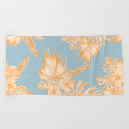 Hawaiian Hibiscus Palm Deep Orange Sky Blue Beach Towel