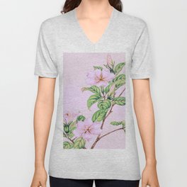 Remix Japanese Woodblock Painting Kuchi nashi (cape jasmine) by Megata Morikaga V Neck T Shirt