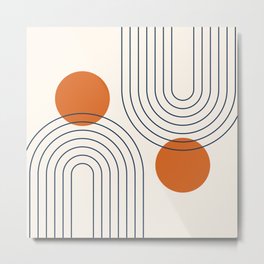 Mid Century Modern Geometric 88 in Navy Blue and Orange (Rainbow and Sun Abstraction) Metal Print | Zen, Creative, Midcentury, Navyblue, Geometric, Trendy, Sun, Blue, Graphicdesign, Line 