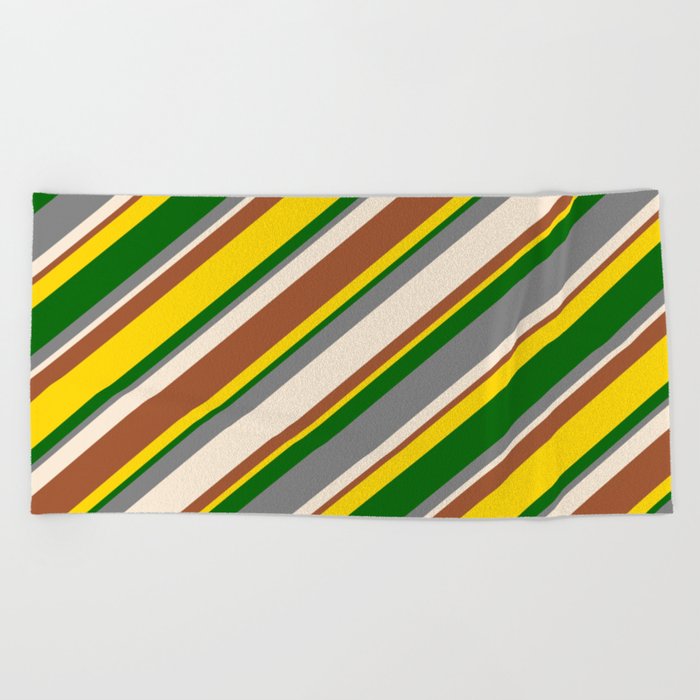 Eye-catching Gray, Beige, Sienna, Yellow, and Dark Green Colored Lines/Stripes Pattern Beach Towel