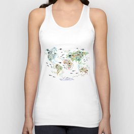 Cartoon animal world map for children, kids, Animals from all over the world, back to school, white Tank Top
