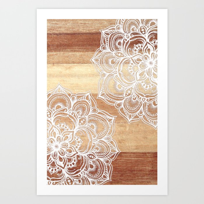 White doodles on blonde wood - neutral / nude colors Art Print