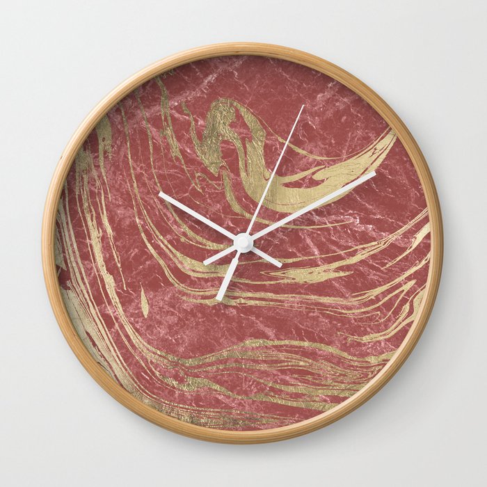 Elegant burgundy faux gold stylish modern marble Wall Clock by Pink