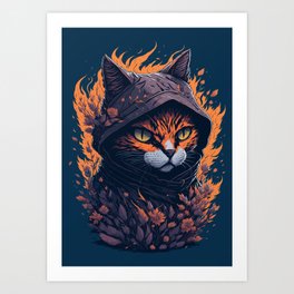 Badass Cat Ninja Fire Art Print