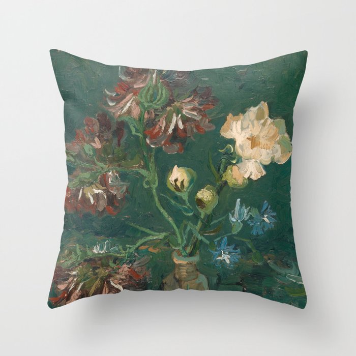 Peonies and Blue Delphiniums by Vincent van Gogh Throw Pillow