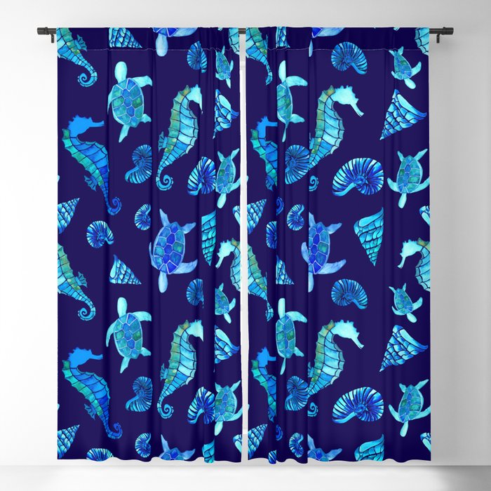 Sea Creatures | Cyan, Navy Blue Marine Animals Pattern Blackout Curtain