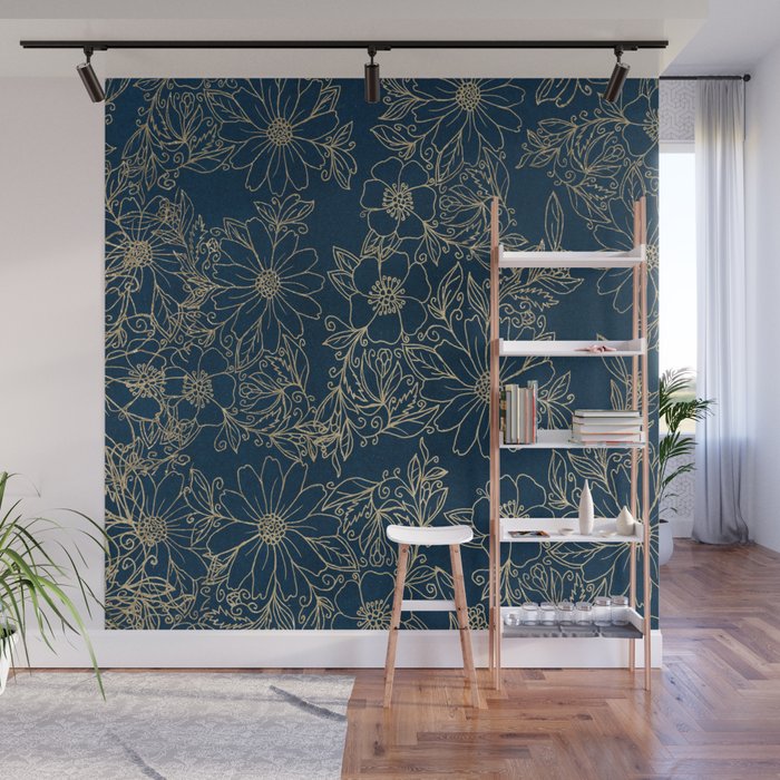 Chic Modern Vintage Ivory Navy Blue Floral Pattern Wrapping Paper by Pink  Water