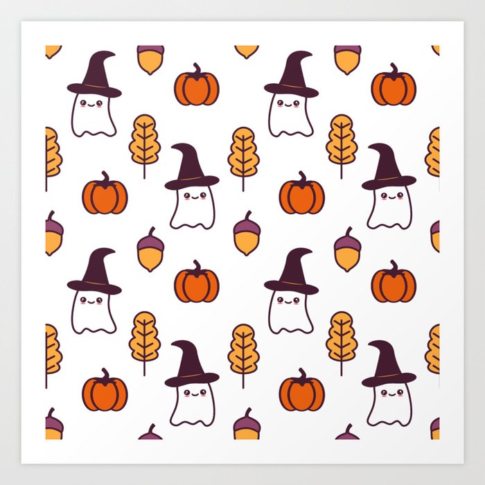 cute cartoon halloween pattern background with ghosts, pumpkins, leaves and  acorns Art Print by Alice Vacca | Society6