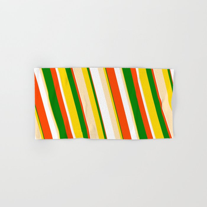 Eye-catching Yellow, Beige, White, Red & Green Colored Pattern of Stripes Hand & Bath Towel