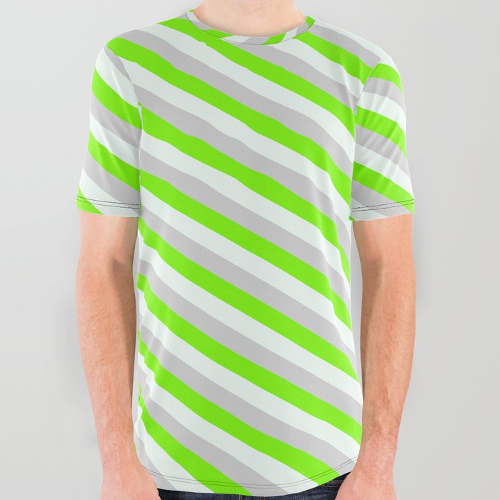 Green, Mint Cream, and Light Gray Colored Stripes Pattern All Over Graphic Tee