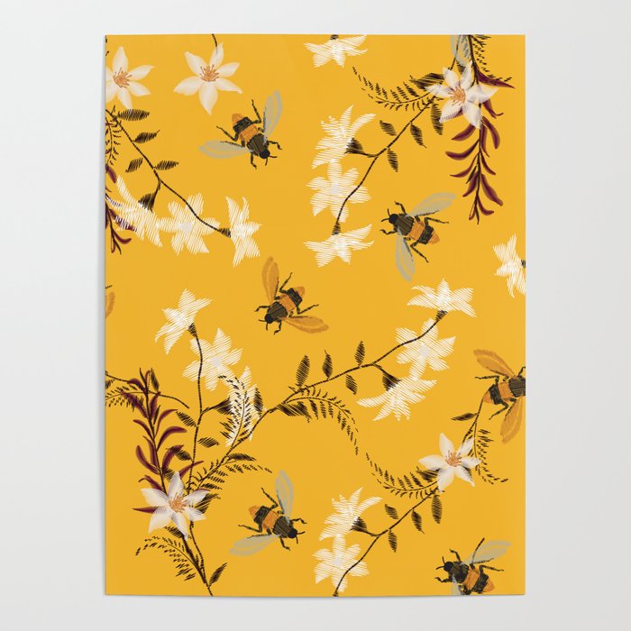 Stylish embroidery Bee, butterfly, and flowers. Vintage decorative element on vintage yellow background.  Poster