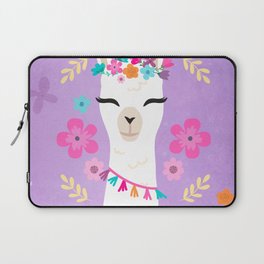 Cute Happy Llama - Purple Boho Alpaca with Flowers Laptop Sleeve
