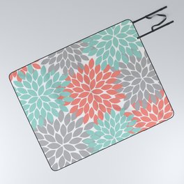 Coral Aqua Gray Floral Flower Burst Petals Design Pattern Picnic Blanket