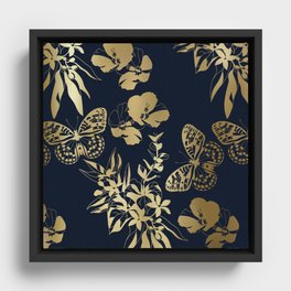 Exotic Floral and Butterfly Art Navy and Gold Framed Canvas