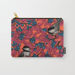 Chickadee birds on blueberry branches in red Carry-All Pouch