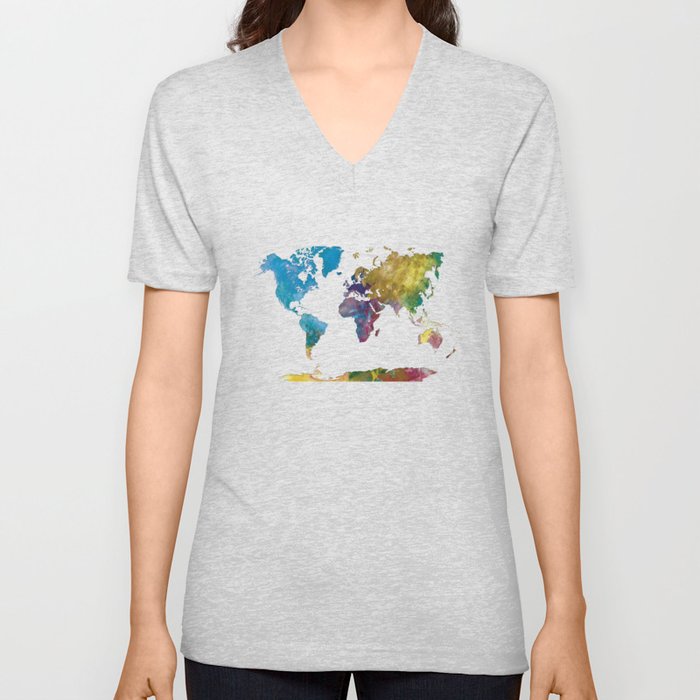 multicolored watercolor world map V Neck T Shirt