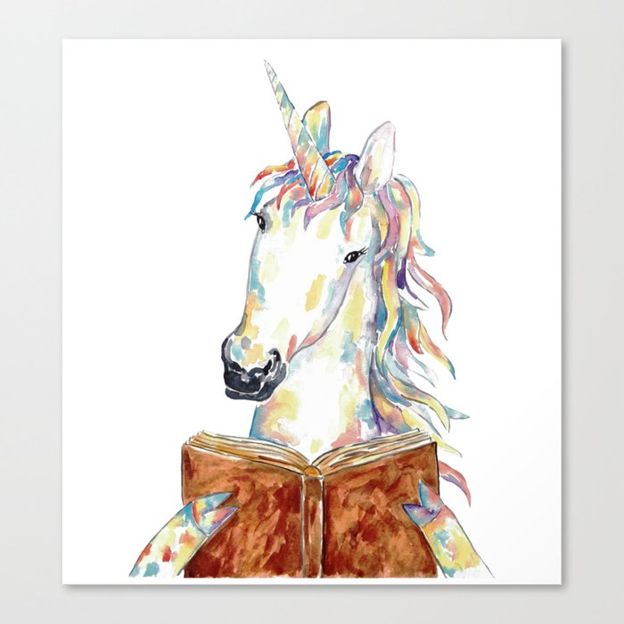 Unicorn reading book watercolor painting Canvas Print