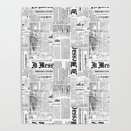 Black And White Collage Of Grunge Newspaper Fragments Poster