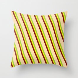 [ Thumbnail: Vibrant Maroon, Tan, Green, Yellow & Brown Colored Lined/Striped Pattern Throw Pillow ]