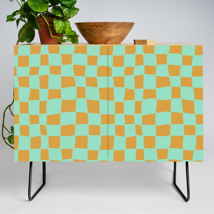 Funky Hand-Drawn Checkerboard \\ Orange & Teal Color Palette Credenza