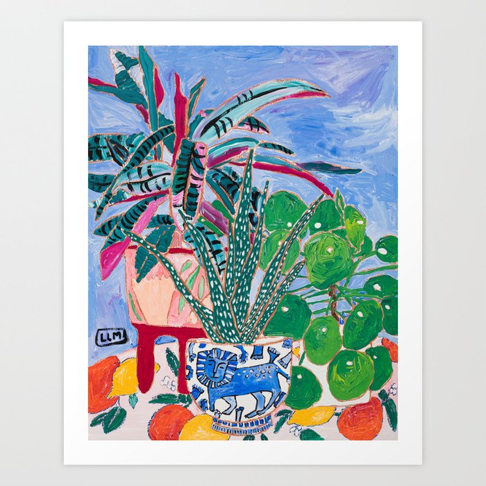 Houseplant collection Still Life on Blue Painting with Stromanthe Triostar, Pilea, and Snake Plant and Lion Vase Art Print