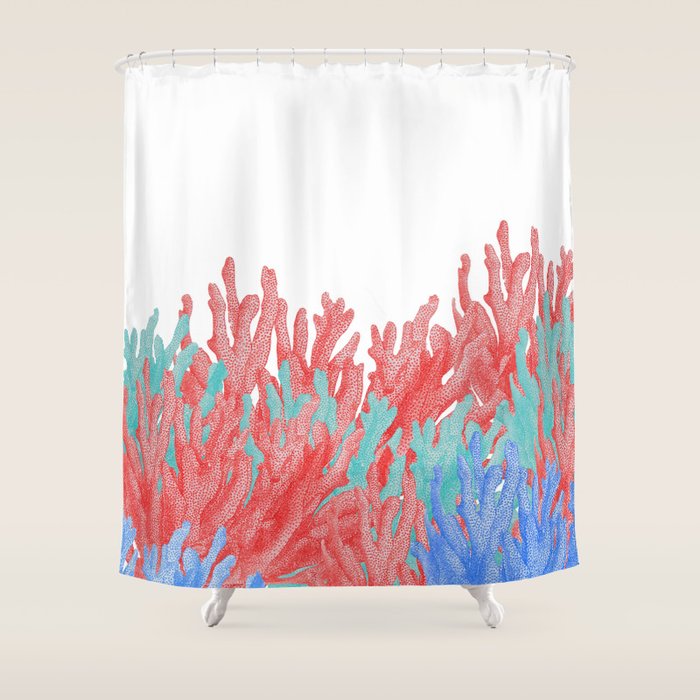 Modern Nautical Coral Blue Teal Floral Reef Shower Curtain By Pink Water Society6