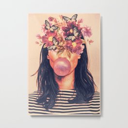 Woman With Flowers and Butterflies 6 Metal Print | Woman, Digital, Vintage, Butterflies, Portrait, Bloom, Watercolor, Pop Art, Ink, Acrylic 