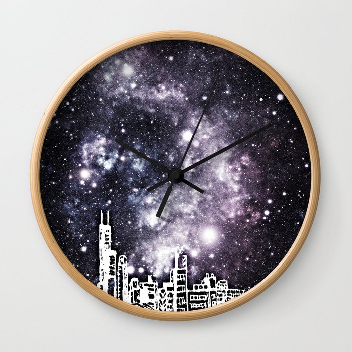 Black and White Comic Style City Skyline & Milky Way Wall Clock