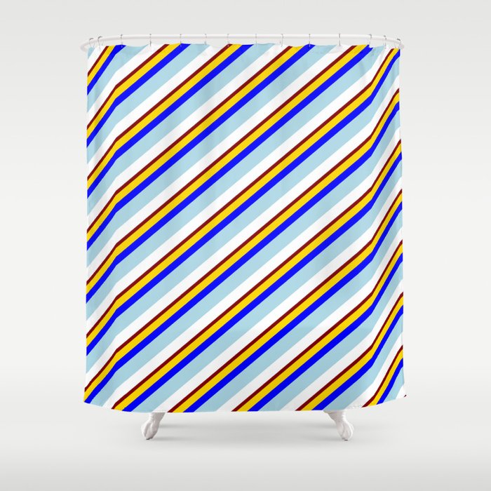 Eye-catching Yellow, Blue, Light Blue, White & Maroon Colored Lines Pattern Shower Curtain