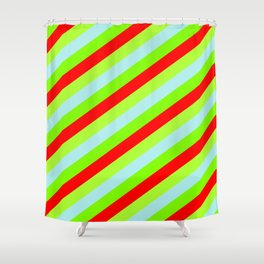 [ Thumbnail: Turquoise, Chartreuse, Red & Light Green Colored Lines/Stripes Pattern Shower Curtain ]