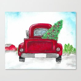 Old Red Truck with Christmas Tree and Norwegian Flags Canvas Print