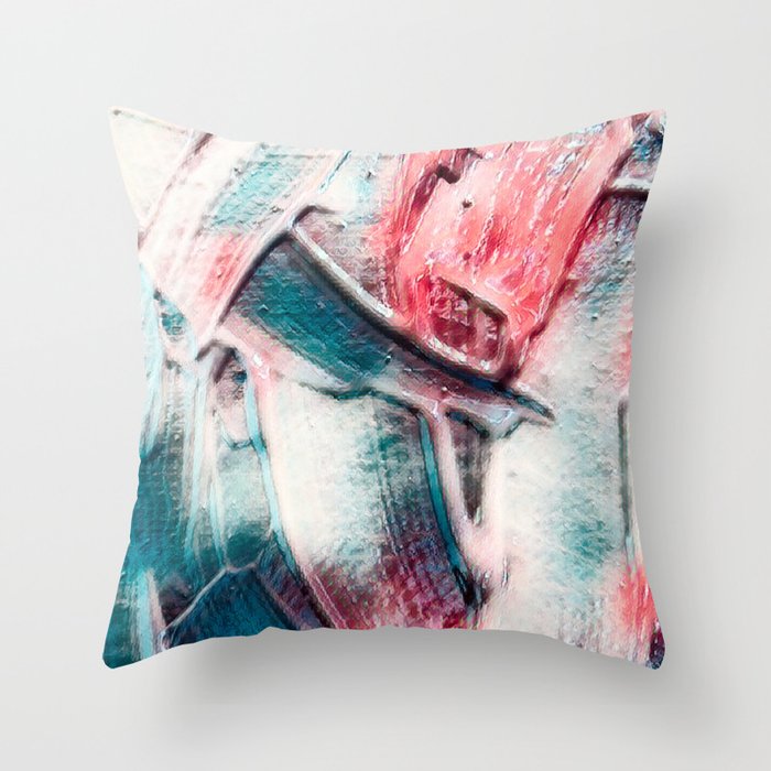 Pink And Turquoise Green Palette Knife Abstract Throw Pillow