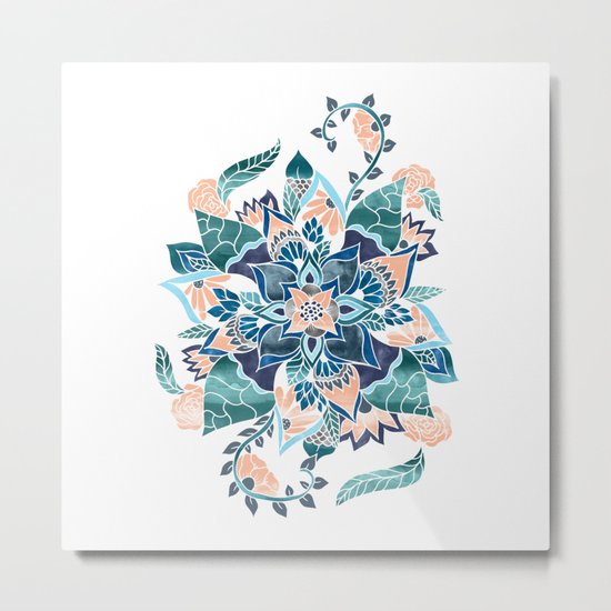 Modern coral blue watercolor floral illustration Metal Print