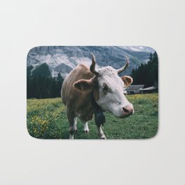 Switzerland Photography - Cow Eating Grass On The Swiss Green Fields Bath Mat | Basel, Geneva, Switzerland, Travel, Landscape, Mountains, Suisse, Alps, Vacations, Photo 