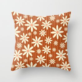 Retro Groovy Daisy Flower Power Vintage Boho Pattern with Stripes in Terracotta, Clay, Rust Throw Pillow