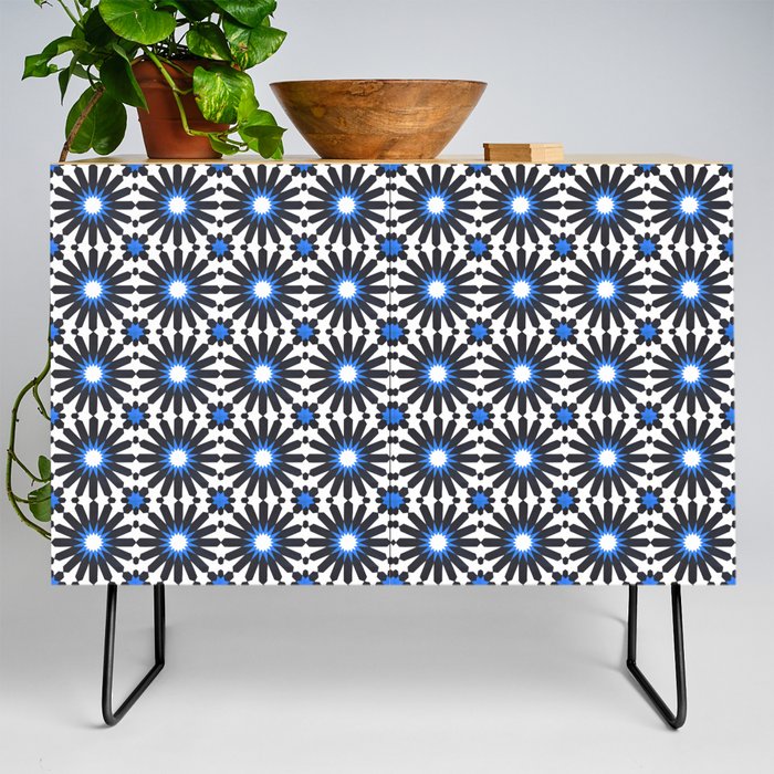 N237 - Geometric Blue Traditional Boho Moroccan Style Tiles Pattern Credenza