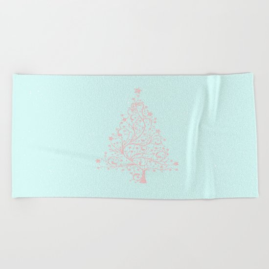 Merry christmas- Pink abstract christmastree on turquoise backround Beach Towel