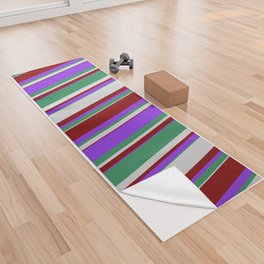 [ Thumbnail: Purple, Maroon, Light Gray, and Sea Green Colored Stripes Pattern Yoga Towel ]
