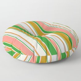 [ Thumbnail: Salmon, Dark Goldenrod, Light Grey, Forest Green, and Beige Colored Striped/Lined Pattern Floor Pillow ]