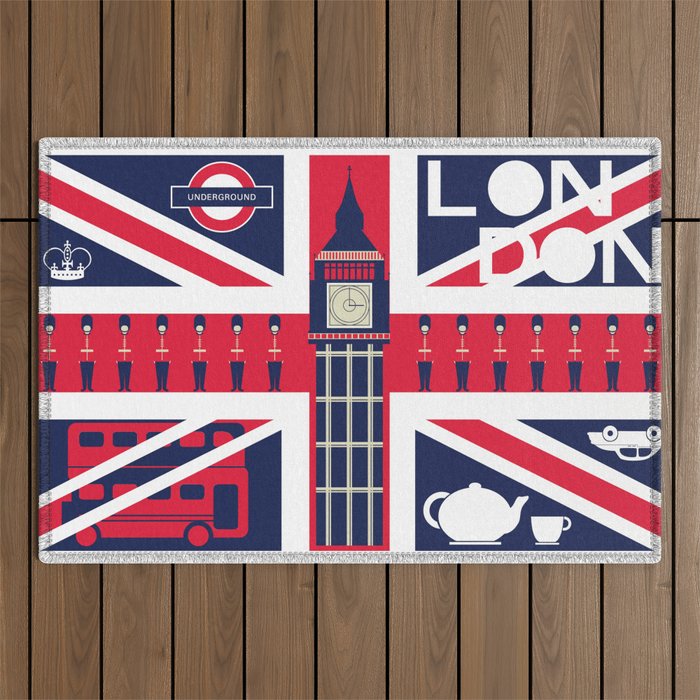 Vintage Union Jack UK Flag with London Decoration Outdoor Rug